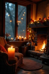 Wall Mural - cozy autumn evening scene with flickering candlelight illuminating warm, inviting interior, perfect 