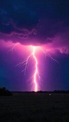 Wall Mural - Dramatic image of a powerful lightning bolt striking the ground during a summer thunderstorm The bright flash illuminates the dark sky and surrounding landscape , bright, electrical discharge, clouds