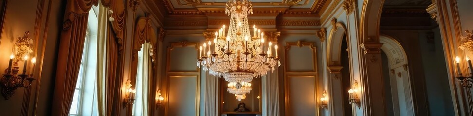 Wall Mural - Elegant crystal chandelier illuminates a grand, ornate room, casting a warm glow on classical architectural details Perfect for interior design, luxury, and home decor projects , antique, decor