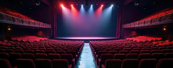 Wall Mural - empty bleachers in a theatre, spotlight shining on the empty stage, ready for a performance rows of 