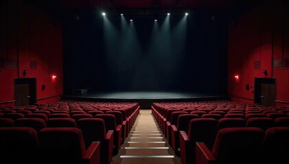 Wall Mural - Empty theater bleachers await a performance, rows of seats stretching towards a darkened stage Perfect for concepts of anticipation, emptiness, or the performing arts , expectation, show, theater