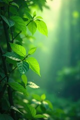 Wall Mural - Ethereal mist clinging to vibrant green leaves, sunlight filtering through, creating a mystical, dewy atmosphere Perfect for nature, fantasy, and serenity themes , background, ambiance, spring