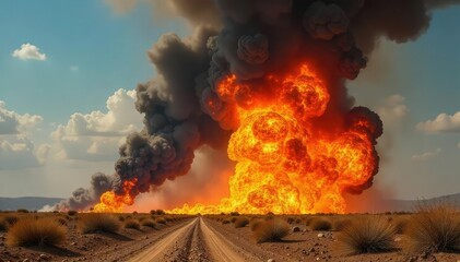 Wall Mural - Fiery explosion engulfing a dry landscape, intense flames and smoke billowing into the air, destructive power of nature , combustion, energy