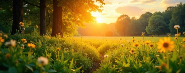 Wall Mural - Golden hour sunlight bathes a landscape in a warm, vibrant glow, illuminating lush greenery and creating a radiant, dreamy atmosphere Perfect for summer, nature, and travel themes , warm, sunny