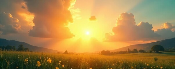 Wall Mural - Golden hour sunlight streams through fluffy white clouds, casting a warm, radiant glow on a sun-drenched landscape Perfect for summer, nature, and weather-related projects , golden hour, sunlight