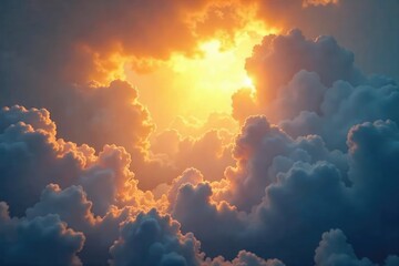Wall Mural - golden light streams through clouds, illuminating a majestic, ethereal landscape; a scene of divine,