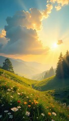 Wall Mural - Golden sunlight streams through fluffy clouds onto a tranquil landscape, creating a dreamy, idyllic scene Perfect for travel, nature, or fantasy themes , sunset, green, outdoor