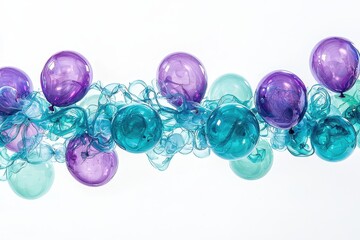 Wall Mural - colorful abstract composition with purple and teal balloons and ink swirls on white background