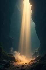 Wall Mural - intriguing upward beams of light pierce through a dark, atmospheric environment, creating a mystical