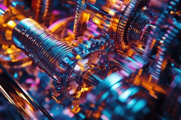 Wall Mural - close-up of vibrant metallic gears and cogs in motion with neon lighting in a futuristic industrial 