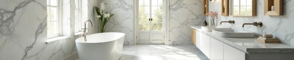 Wall Mural - Luxurious marble bathroom with freestanding tub, sleek fixtures, and natural light streaming through a large window Sophisticated design, perfect for high-end living spaces , stone, interior, sink