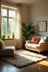 Wall Mural - Relaxing living room scene with natural light streaming through windows, highlighting a plush rug and comfortable furniture arrangement ideal for a peaceful afternoon , windows, area, home