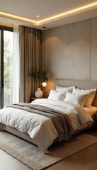 Wall Mural - Serene bedroom designed for optimal sleep and relaxation Soft lighting, calming colors, and natural textures create a peaceful sanctuary for wellness , wellness, wood, mindfulness