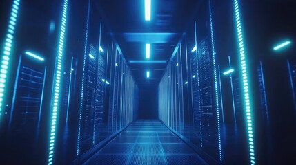 Poster - Futuristic blue-lit server corridor in a high tech data center featuring glowing racks and reflective flooring. Great for technology, cloud computing, AI, and digital infrastructure presentations