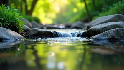 Wall Mural - Serene spring water flows gently over smooth stones, creating a tranquil and peaceful atmosphere The soft light enhances the calm and reflective nature of the scene , pure, spring water, oasis
