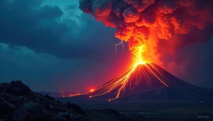 Wall Mural - Spectacular volcanic eruption with dramatic lightning illuminating the ash cloud, a rare and breathtaking natural phenomenon , power, vibrant, weather
