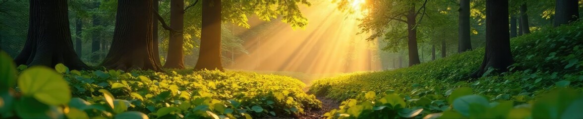 Wall Mural - Sun-dappled forest floor, golden light filtering through leaves, creating a magical atmosphere Perfect for nature, serenity, and environmental themes , green, ecology