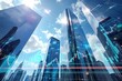 © VideoFlow - Tall glass skyscrapers with financial graphs and numbers overlay, futuristic graphic style, city background, concept of digital business and finance, Ai generative