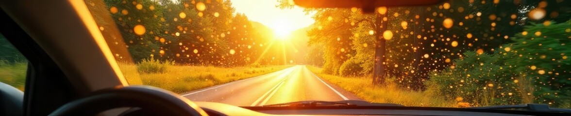 Wall Mural - sun-drenched car windshield, shimmering heat haze distorting the view of a vibrant summer landscape 