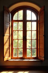 Wall Mural - Sunlight streams through elegantly crafted wooden window shutters, casting a warm glow on the interior The shutters are partially open, revealing a glimpse of the outside world , light, room, calm