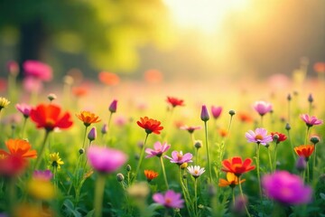 Wall Mural - vibrant abstract field of wildflowers in full bloom, perfect for website backgrounds or digital desi