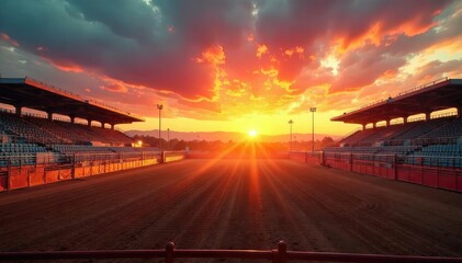 Wall Mural - Vibrant sunrise paints the sky over a rodeo arena, casting a warm glow on the empty stands and dusty ground, ready for the day's excitement , morning, rodeo