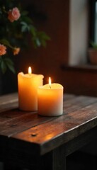 Wall Mural - Warm, flickering candlelight illuminates a rustic wooden table, casting soft shadows Perfect for ambiance, relaxation, and home decor themes Cozy and inviting atmosphere , candlelight, light