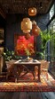 © Alla - bohemian dining room with rattan chairs and colorful textiles, warm evening light, realistic style, vibrant orange and pink tones, rule of thirds with table on right,