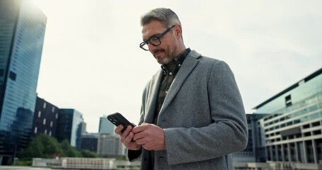 Aufkleber - CEO, phone and businessman typing in city for real estate sale, property development or reading email. Mobile, smile or mature manager in urban street for chat app, travel or notification on internet