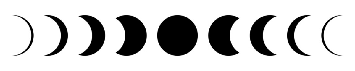 Moon phases black icons set vector.
