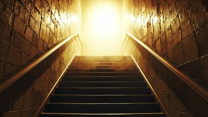 Poster - Mysterious Staircase in Fog with Warm Light Atmospheric Scene for Suspense Mystery and Fantasy