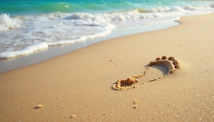 Wall Mural - A single footprint in soft sand near the ocean, symbolizing a minimal environmental impact and personal journey , vacation, sand
