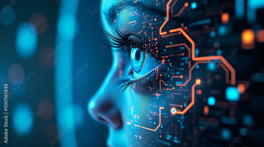 Close-up of a futuristic human eye enhanced with digital HUD (Heads-Up ...