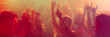 © master1305 - Vibrant nightclub scene with people dancing, colorful lights, hands up, and energetic atmosphere. Concept of party, night, lifestyle. Banner.