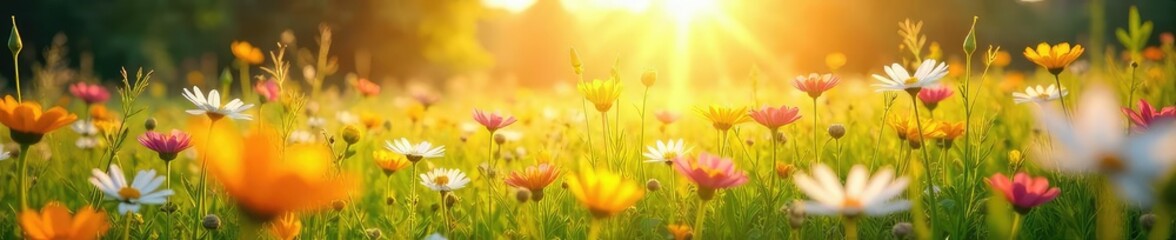 Wall Mural - A vibrant sunlit meadow bursting with wildflowers, conveying a feeling of boundless, joyful energy and carefree abandon Perfect for themes of freedom, happiness, and summer , outdoor, colorful