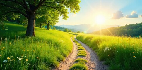 Wall Mural - A winding, sun-dappled path meanders through a lush, green landscape, leading towards a bright, open horizon, symbolizing freedom and effortless journey , sunlight, landscape