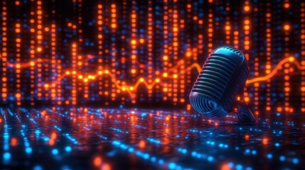 Wall Mural - Retro microphone against a backdrop of glowing data points