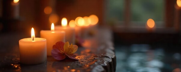 Wall Mural - Close-up of a burning candle, soft candlelight illuminating the surrounding area, creating a warm and inviting atmosphere Perfect for relaxation, spa, meditation, or romantic themes , relaxing, fire