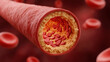 © Kedsara - Health risks assessment concept. A detailed cross-section of a clogged artery shows blood cells surrounded by fatty plaque buildup, highlighting cardiovascular disease.