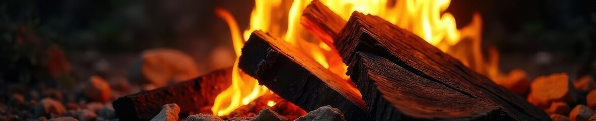 Wall Mural - Close-up of vibrant flames engulfing a stack of seasoned firewood, creating a warm and inviting ambiance Perfect for themes of comfort, warmth, and the outdoors , warmth, texture, glow