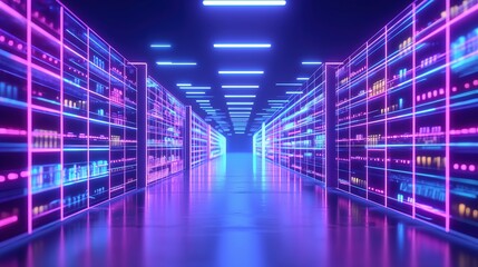 Leinwandbilder - Abstract digital virtual warehouse with shelves of data and glowing neon lights, futuristic technology concept for business innovation, data storage solutions, and cybernetic infrastructure in cyberpu