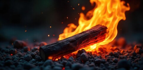 Wall Mural - close-up shot of vibrant, flickering flames consuming a piece of wood, leaving behind glowing embers