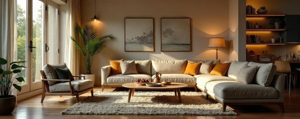 Wall Mural - Cozy and inviting family room interior with comfortable furniture, warm lighting, and stylish decor Perfect for relaxation and family gatherings , home, armchair, hearth