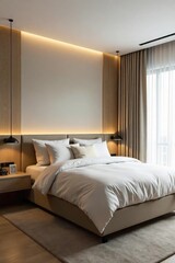 Wall Mural - Cozy and minimalist bedroom design featuring a wall-mounted bed, maximizing space and creating a streamlined aesthetic Perfect for small apartments or studios , bright, lamp