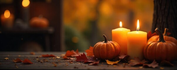 Wall Mural - Cozy autumn scene with flickering candlelight illuminating fall leaves and pumpkins Perfect for Thanksgiving, Halloween, or autumnal home decor Warm, inviting, seasonal ambiance , inviting, season