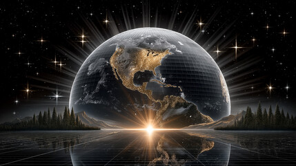Wall Mural - earth's dawn: the majestic earth ascends, bathed in ethereal light and a starlit backdrop, symbolizi