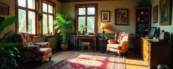 Wall Mural - Cozy vintage living room with worn wooden floors, antique furniture, and sunlit windows Charming details include a floral armchair and a vintage rug , living room, wooden, window