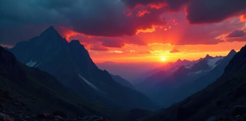 Wall Mural - dramatic, dark, moody sky over a vast, imposing mountain range at sunset perfect for fantasy, advent