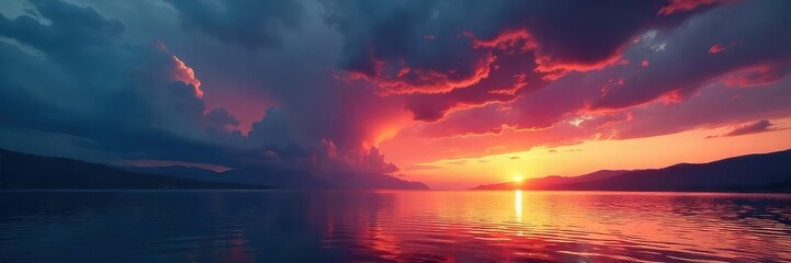 Wall Mural - dramatic stormy sky over a vast, tranquil lake at sunset dark clouds gather, reflecting fiery orange