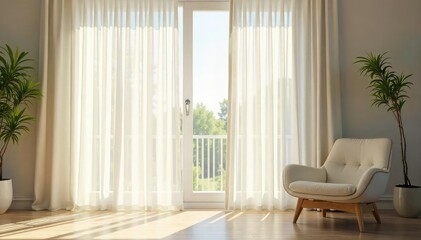 Wall Mural - Elegant sheer window curtains gently billowing in a soft breeze, filtering sunlight into a bright room Perfect for adding a touch of elegance and privacy to any space , fabric, home improvement